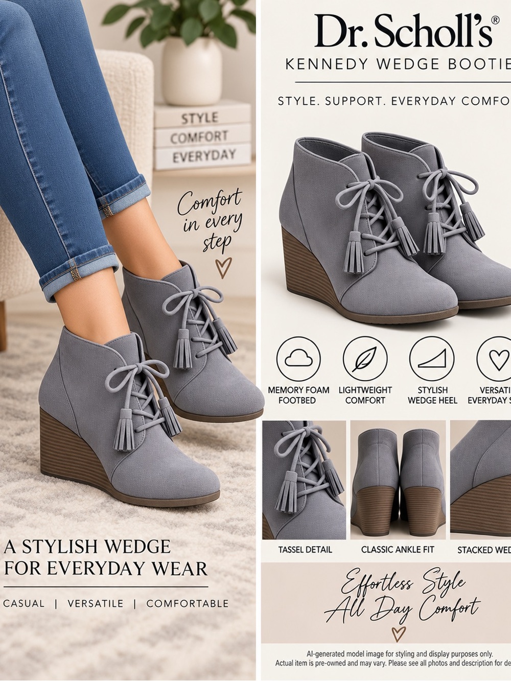 Dr Scholls Kennedy Womens 6.5 Gray Wedge Ankle Boots Lace Up Tassel Booties